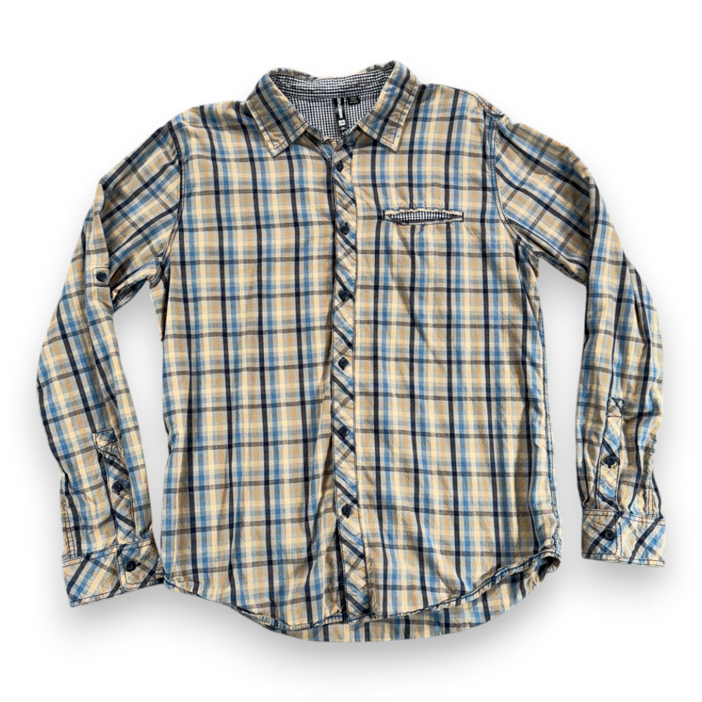 Ocean Current Shirt Adult MEDIUM Blue Yellow Plaid Gingham Cotton Button Up